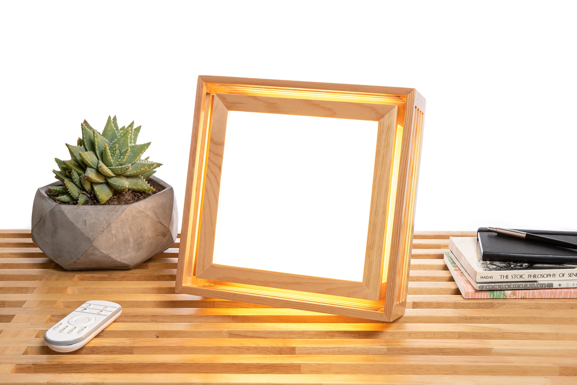 BrightBox Mini wood light therapy lamp on bench