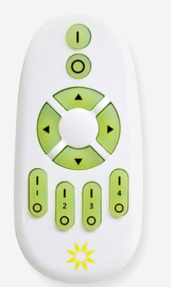 White remote control with green buttons and a yellow sun icon on a white background