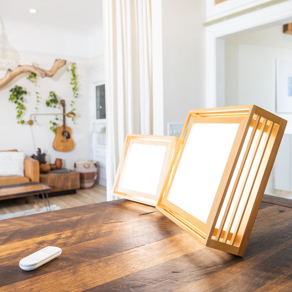 BrightBox wood light therapy lamp- two square light therapy lamps on table